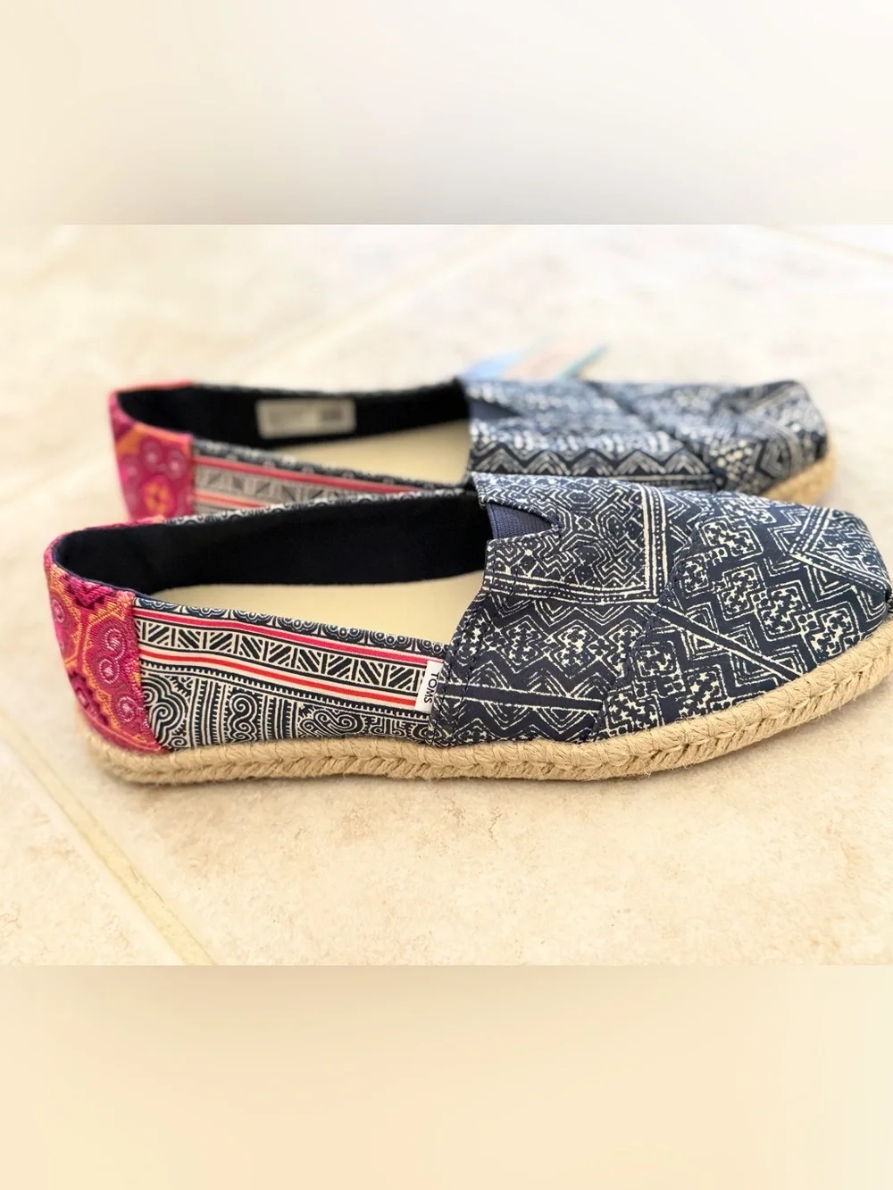TOMS Navy Printed Canvas Alpargata Slip-Ons with Pink Accent